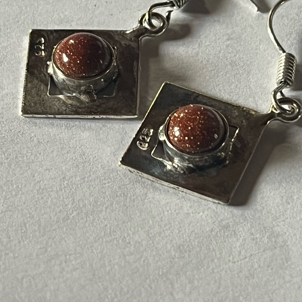 Sterling Silver Goldstone Drop Earrings - Brown Goldstone